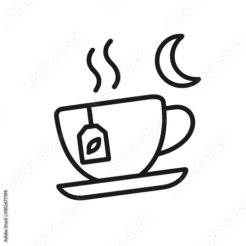 Thin-line herbal tea cup with steam and moon icon, slightly angled, transparent PNG, ideal for promoting calming night beverages to improve sleep quality and aid insomnia recovery.