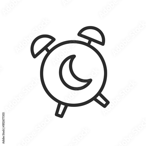 Thin-line alarm clock with moon symbol, slightly angled, transparent PNG, ideal for visuals about regular sleep schedule, circadian rhythm alignment and insomnia prevention.