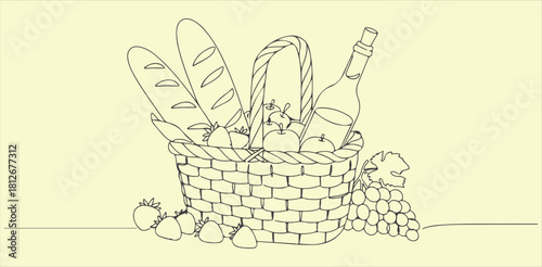 Line drawing of a picnic basket filled with bread wine fruit and grapes on a light background