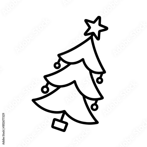 Thin-line Christmas tree icon with subtle hanging ornaments and star, slightly angled, transparent PNG, ideal for festive UI, seasonal branding and premium stock designs.
