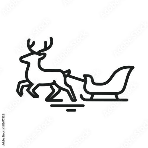 Thin-line reindeer pulling sleigh icon, slightly angled with elegant motion feel, transparent PNG, ideal for festive branding, Christmas UI and high-quality seasonal designs.