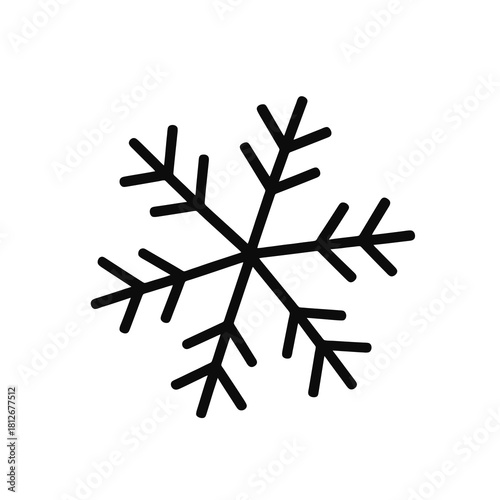Minimalist black snowflake icon, thin outline and slight tilt, transparent, ideal for winter art, Christmas UI elements and seasonal collections.