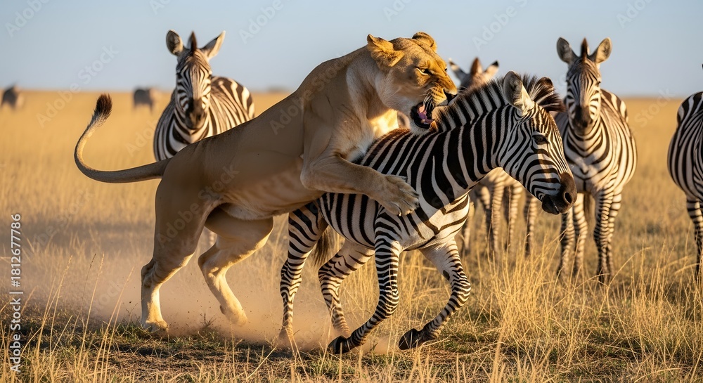 Obraz premium Lioness attacks zebra in the African savanna 02