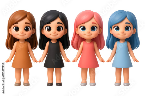 Smiling Girls With Wide Eyes And Different Hair Colors And Brown, Black, Pink And Blue Wearing Matching Dresses.eps