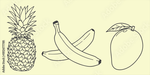 Illustration of pineapple bananas and mango on a light yellow background in line art