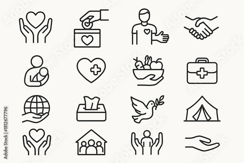 Humanitarian Aid & Charity Line Icons Set