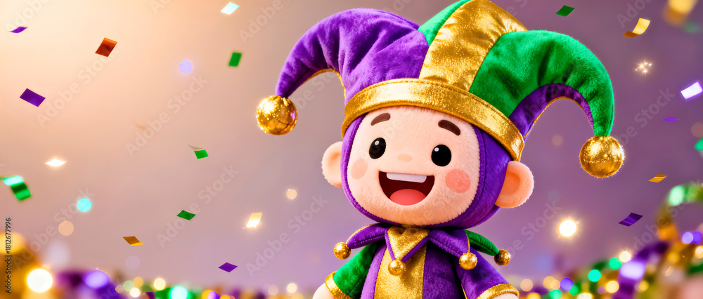 Fototapeta premium Jester Character with Friendly Expression for Mardi Gras, Floating Confetti in Blurred Background