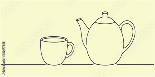 Simple line drawing of a teapot and a teacup on a table against a light yellow background