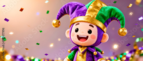 Jester Character with Friendly Expression for Mardi Gras, Floating Confetti in Blurred Background