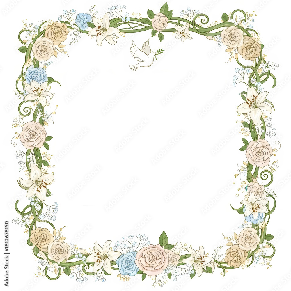 Obraz premium Square floral frame with dove holding an olive branch. Christian baptism, First Communion, Confirmation, wedding, Easter concept.