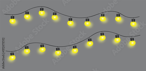Warm Yellow String Lights on Grey Background – Glowing Festive Decorative Bulbs for Party, Holiday and Celebration Design