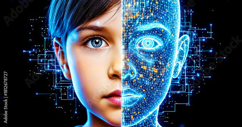 One Side of Child’s Face is Real, Other is Luminous Data Mesh, Collage with Digital Symbols