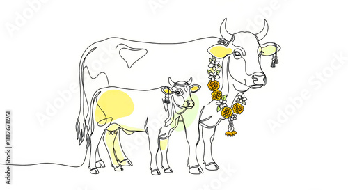 Minimalist Line Art of Mother Cow and Calf Decorated with Flower Garlands for Pongal Holdiay, Isolated Empty White Background