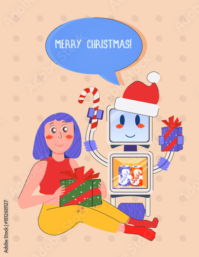 Girl and Friendly Fridge Robot Exchanging Gifts