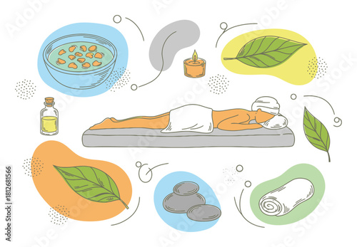 Hand-Drawn Spa Relaxation Therapy Vector Illustration - Organic Shapes, Playful Sketch Style