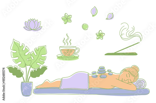 Hand-Drawn Spa Relaxation Therapy Vector Illustration - Organic Shapes, Playful Sketch Style