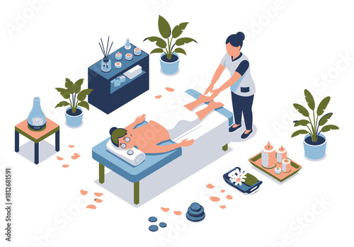 Isometric Spa Relaxation Therapy Illustration, Modern Geometric Vector Art