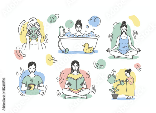 Playful Hand-Drawn Self-Care Routine Vector Illustration with Organic Shapes