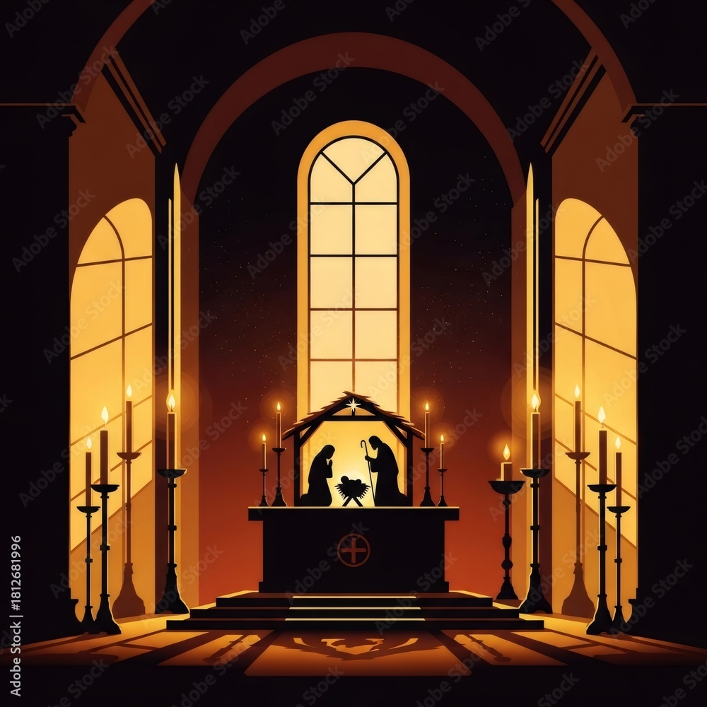 Fototapeta premium Nativity scene inside a church with altar and burning candles. Christian Christmas celebration. Holy birth of Jesus. Epiphany concept.