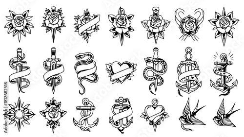Intricate tattoo flash sheet with roses, snakes, daggers, anchors, and swallows design elements