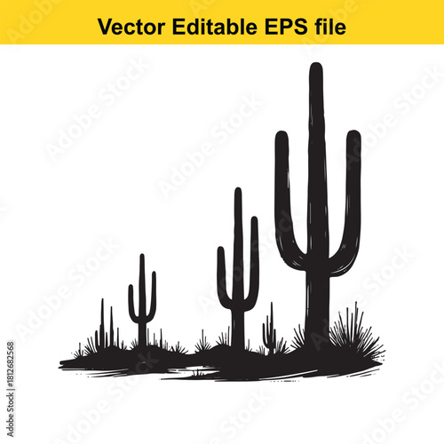 Black silhouette of saguaro cactus plant isolated on white