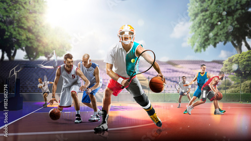 Multi-sport collage depicting various sports and hobbies. A multi-sport background combining various sports. Boxing, basketball, paintball, soccer, football, hockey, cycling, fitness, gymnastics