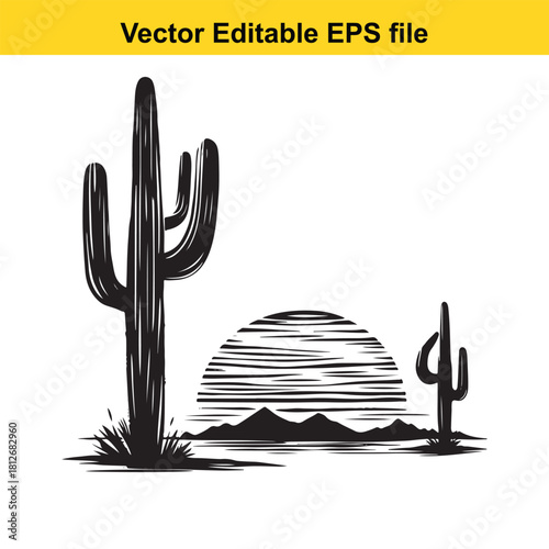 Black and white saguaro cactus desert sunset vector
