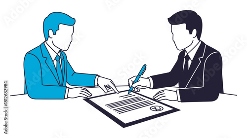 Modern Duotone Vector Illustration: Business Contract Signing in Two Colors