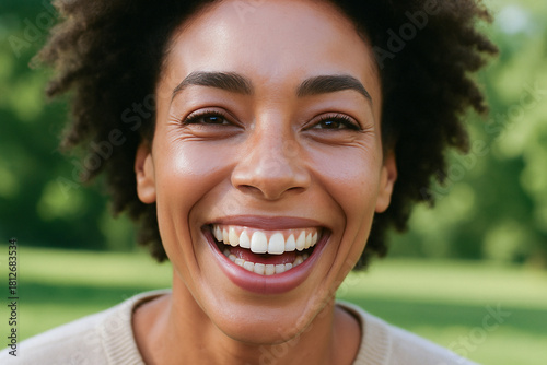 Smiling woman outdoors in natural sunlight