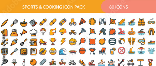 Sports and cooking icon set. Containing rolling pins, whisks, skateboards, life jackets, chef hats, parachutes, bicycles, mixing bowls, kayaks, recreational gear and more