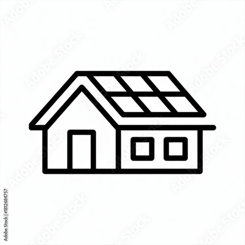 Simple line art icon of a house with solar panels on the roof.