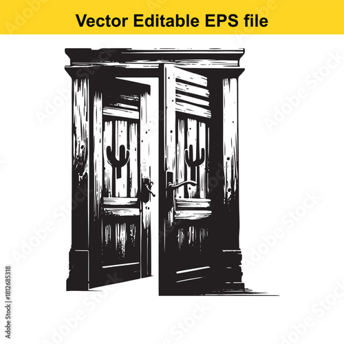 Black and white saloon door opening vector illustration