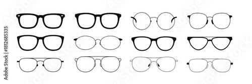 Set of various glasses frames different styles in minimalist vector design isolated on white background