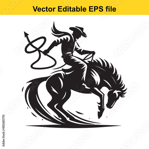 Silhouette of cowboy riding bucking horse with lasso