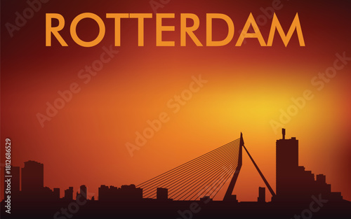 Stylized silhouette of Rotterdam skyline at sunset with orange-red gradient sky.