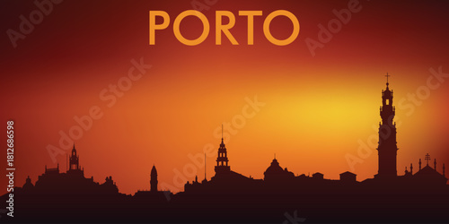 Minimalist silhouette of the Porto skyline (Portugal) against the backdrop of a bright sunset. The design is very popular on souvenirs, postcards, T-shirts, and tourist posters.