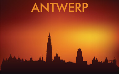Tableau sur plexiglas Anvers Silhouette skyline d'Anvers coucher de soleil  © Dima