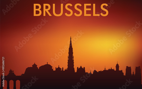Minimalist silhouette of the Brussels skyline (Belgium) against the backdrop of a bright sunset. The design is very popular on souvenirs, postcards, T-shirts, and tourist posters.