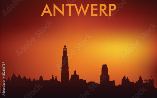 Minimalist silhouette of the Antwerp skyline (Belgium) against the backdrop of a bright sunset. The design is very popular on souvenirs, postcards, T-shirts, and tourist posters.