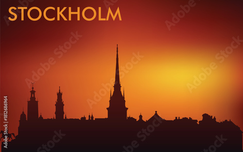 Minimalist silhouette of the Stockholm skyline (Sweden) against the backdrop of a bright sunset. The design is very popular on souvenirs, postcards, T-shirts, and tourist posters.
