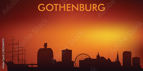 Minimalist silhouette of the Gothenburg skyline (Sweden) against the backdrop of a bright sunset. The design is very popular on souvenirs, postcards, T-shirts, and tourist posters.