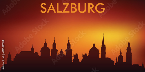 Minimalist silhouette of the Salzburg skyline (Austria) against the backdrop of a bright sunset. The design is very popular on souvenirs, postcards, T-shirts, and tourist posters.