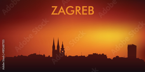 Minimalist silhouette of the Zagreb skyline (Croatia) against the backdrop of a bright sunset. The design is very popular on souvenirs, postcards, T-shirts, and tourist posters.