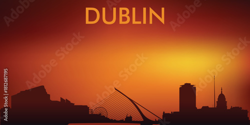 Stylized silhouette of the Dublin skyline (Ireland) against the backdrop of the sunset. The design is very popular on souvenirs, postcards, T-shirts, and tourist posters.