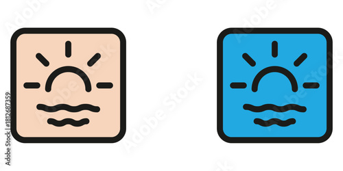 Sunrise or sunset over the sea icons in warm and cool tones, simple beach vibes for app design or travel blog, calm and serene travel elements