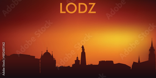 Stylized silhouette panorama of the city of Łódź (vector minimalism, warm orange-red tones of sunset/sunrise).