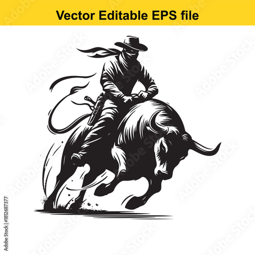 Black and white vector illustration of cowboy riding bull