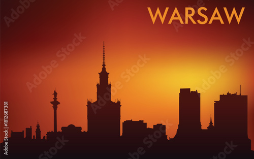 Stylized silhouette panorama of Warsaw (vector minimalism, warm orange-red tones of sunset/sunrise).