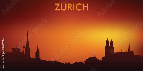 A stylized silhouette panorama of the city of Zurich against the backdrop of sunset or sunrise. It has warm orange-red tones typical of graphic tourist or souvenir style.