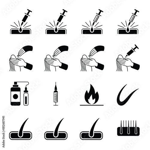 Hair care and scalp treatment procedure icons collection featuring medical injections, product application and follicle health.
